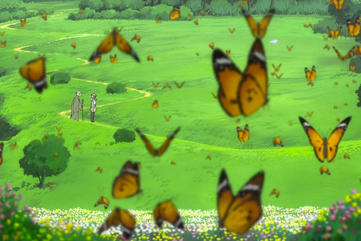 A field of plain tiger butterflies (Danaus chrysippus). From "Natsume's Book of Friends"