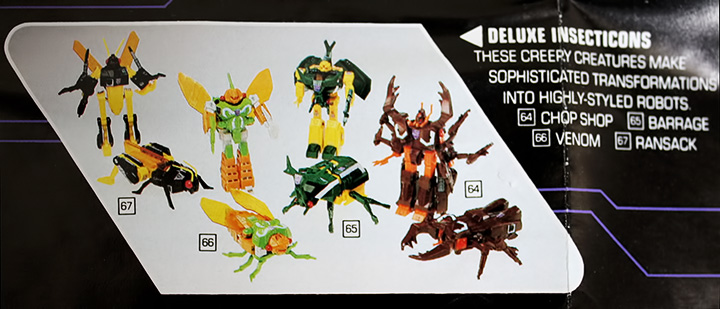 The Deluxe insecticons toy line in the 1986 catalog, now with their reissued colors.