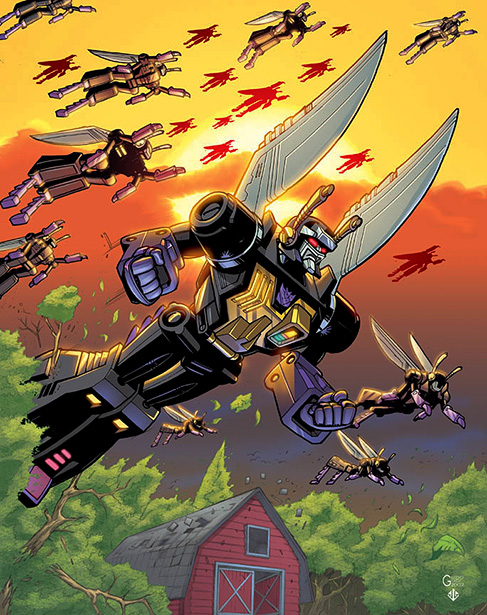 I love this comic artwork showing Kickback's locust swarm. It is an excellent depiction of our helplessness not only against giant menacing robots, but also the unpredictability of catastrophic natural phenomena.